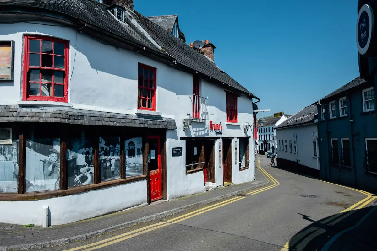A narrow County Cork street with painted cottages